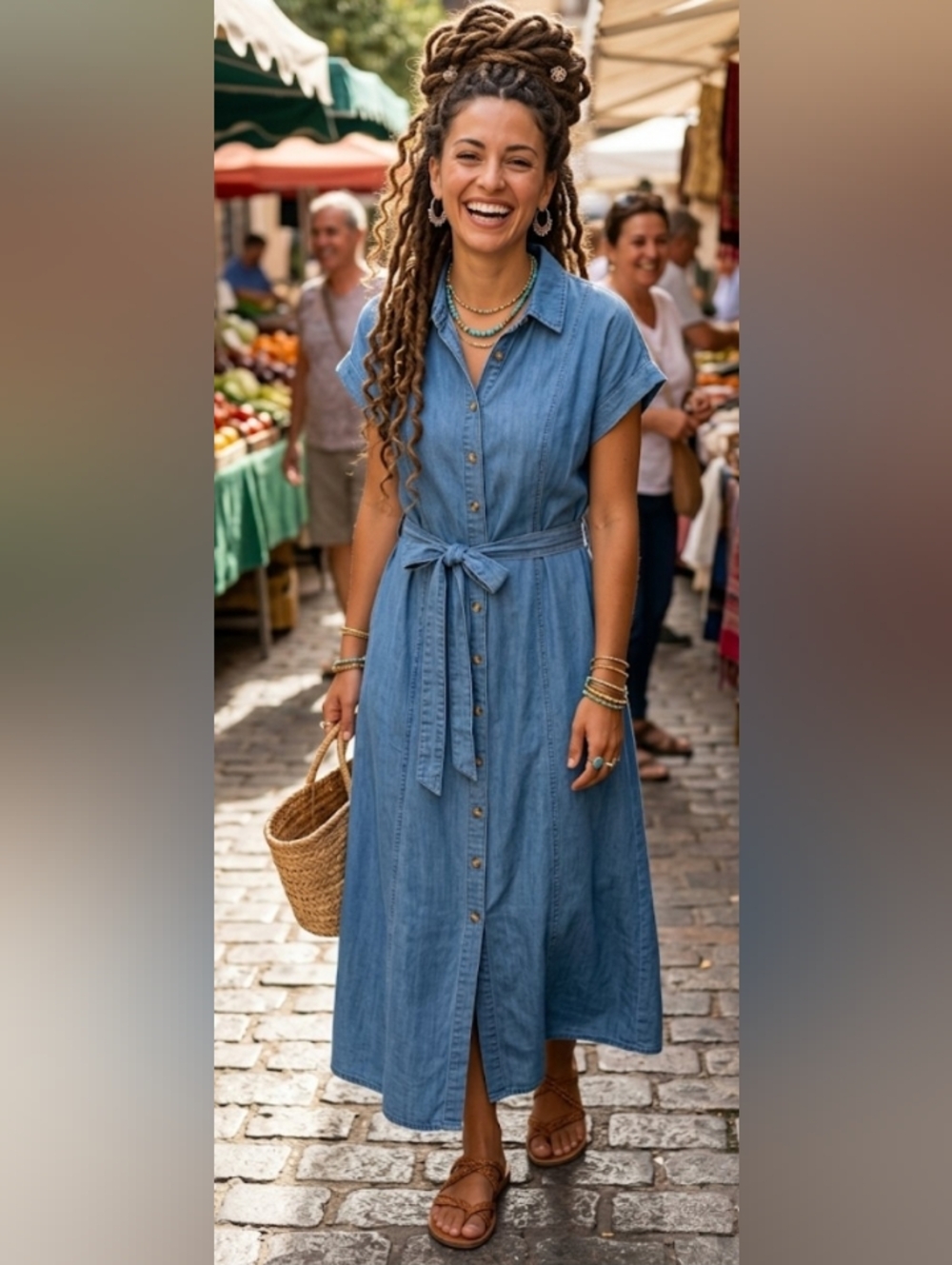 Retro Denim Shirt Dress Large Cotton Artisy Cottage Weekend Resort Midi Modest